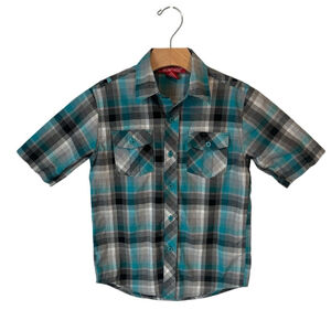 Montage Button Up Shirt Boys Size 6 Blue Gray Plaid Short Sleeve Pockets Collar